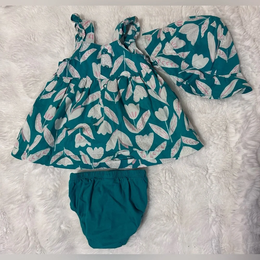 Carter’s 3M Floral Dress Set with Bloomers & Sun Hat | Green Tulip Print